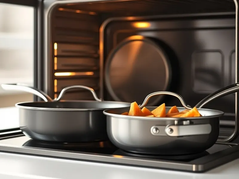 Anolon X 12-inch and 10-inch nonstick pans inside an oven, stainless steel handles visible with no plastic components
