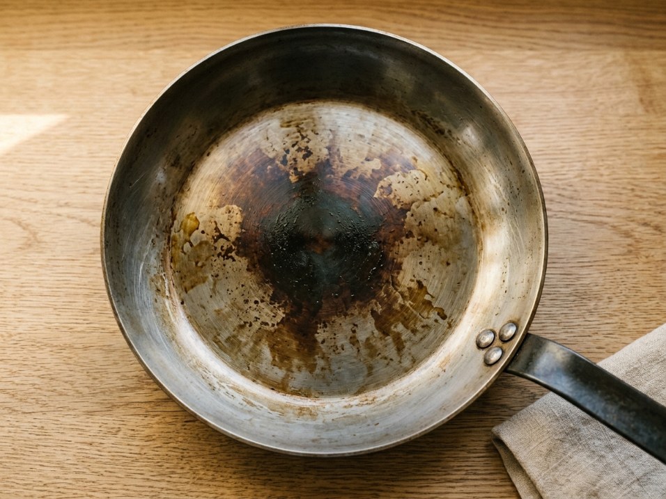 A carbon steel fry pan mid-break-in, dark glossy center fading to a blotchy amber patina toward the flared walls