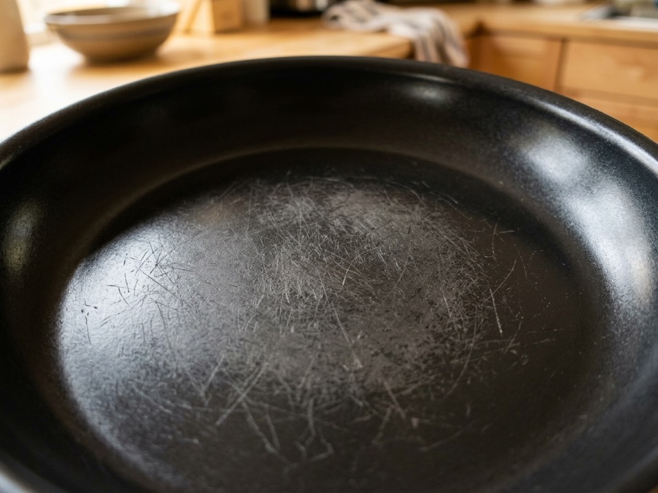 Close-up of a worn non-stick coating with fine scratches and a dulled patch in the center