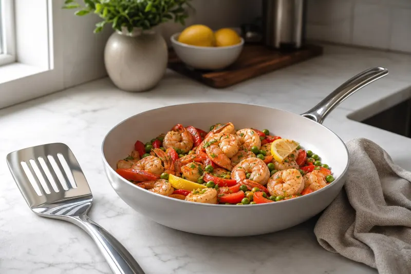 GreenPan Valencia Pro ceramic nonstick skillet with shrimp, red peppers, peas, and lemon wedges beside a metal spatula