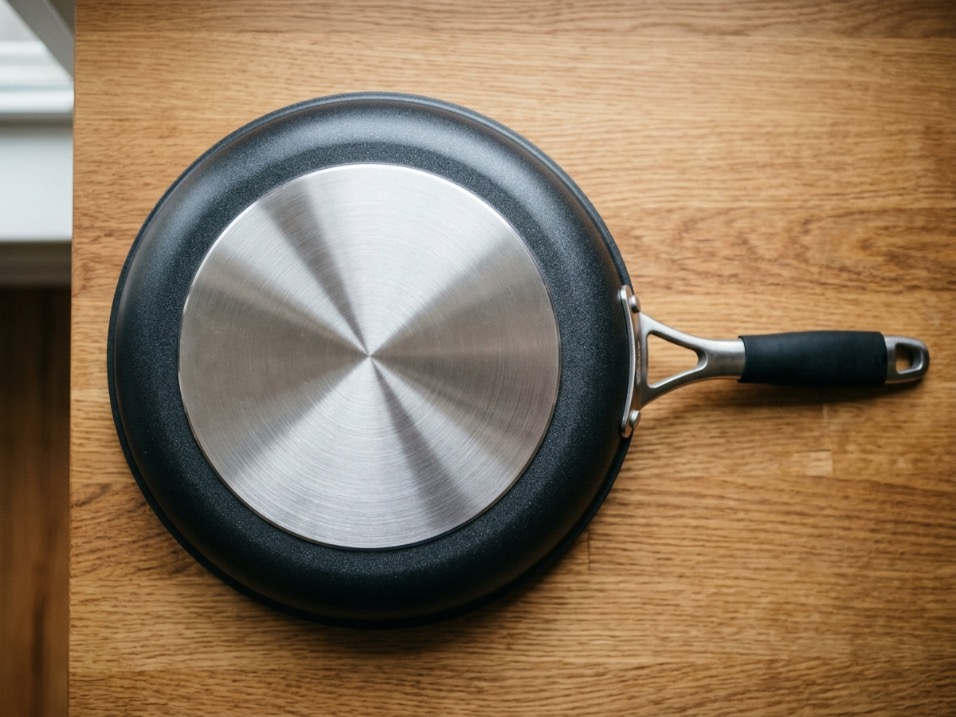 Underside of a hard anodized nonstick pan showing a bonded stainless steel induction disc at the center of the base