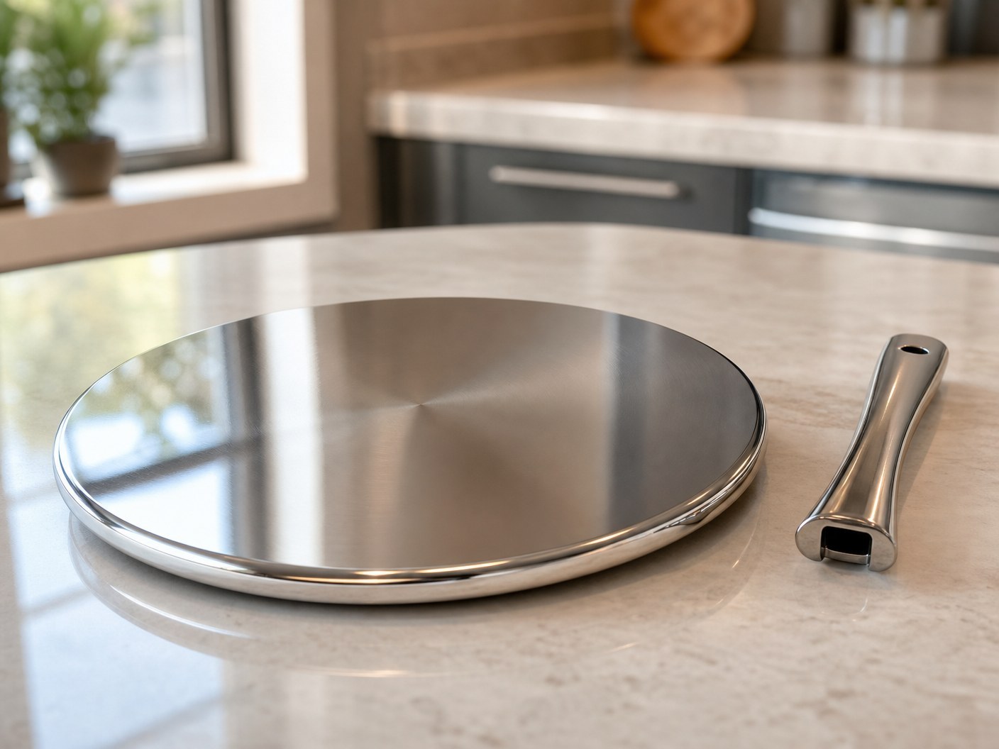 Stainless steel induction converter plate with the handle detached and set beside it