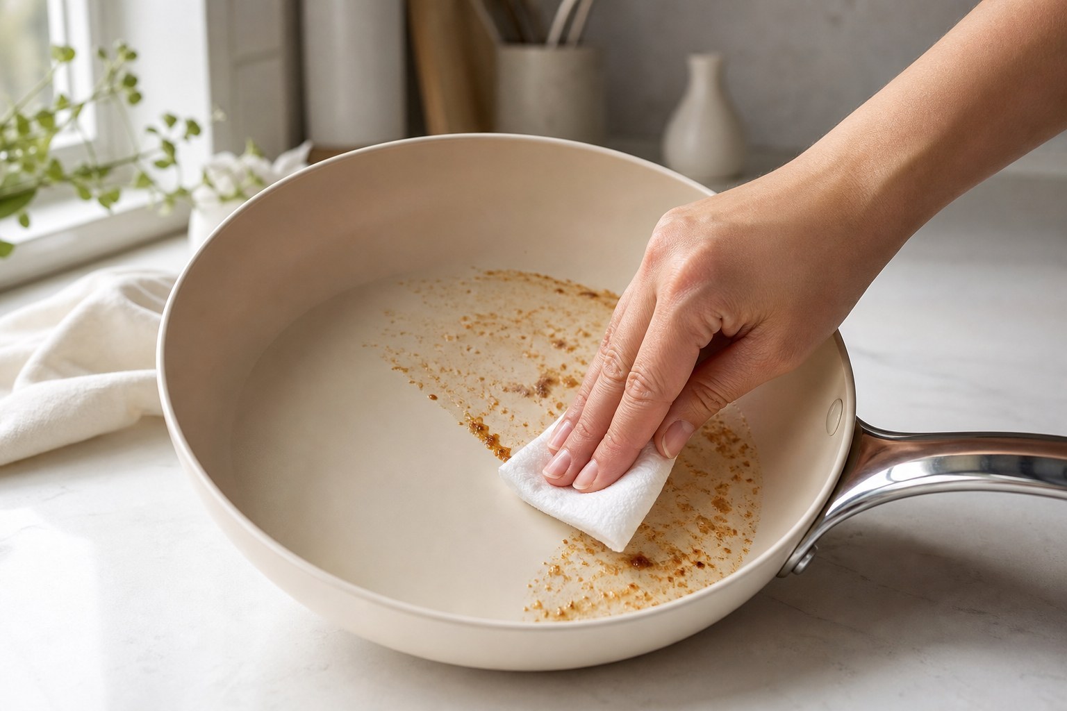 Hand wiping food residue from a cream ceramic nonstick frying pan with a paper towel