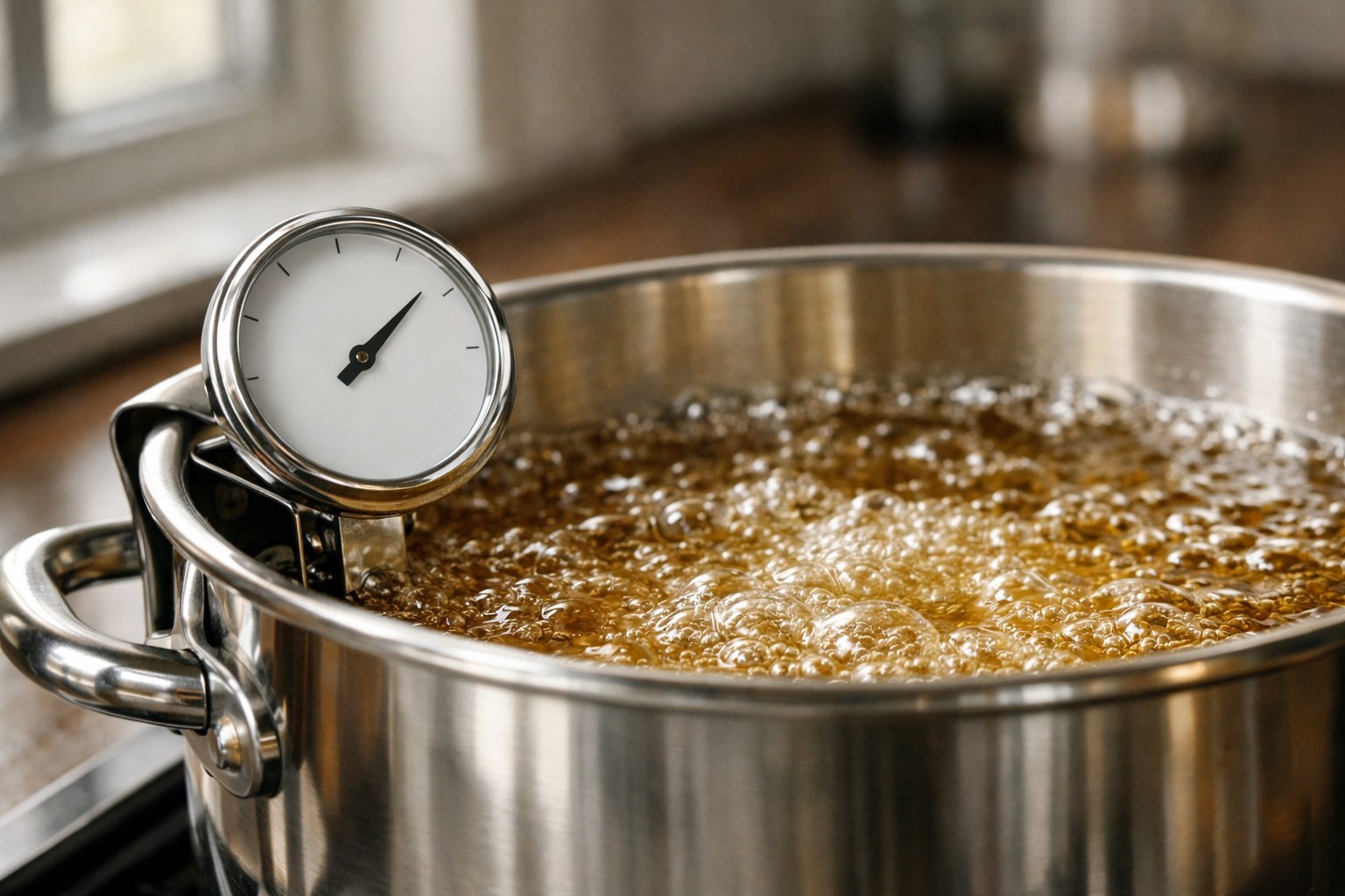 Clip-on dial thermometer clamped to a pot reading oil temperature for deep frying