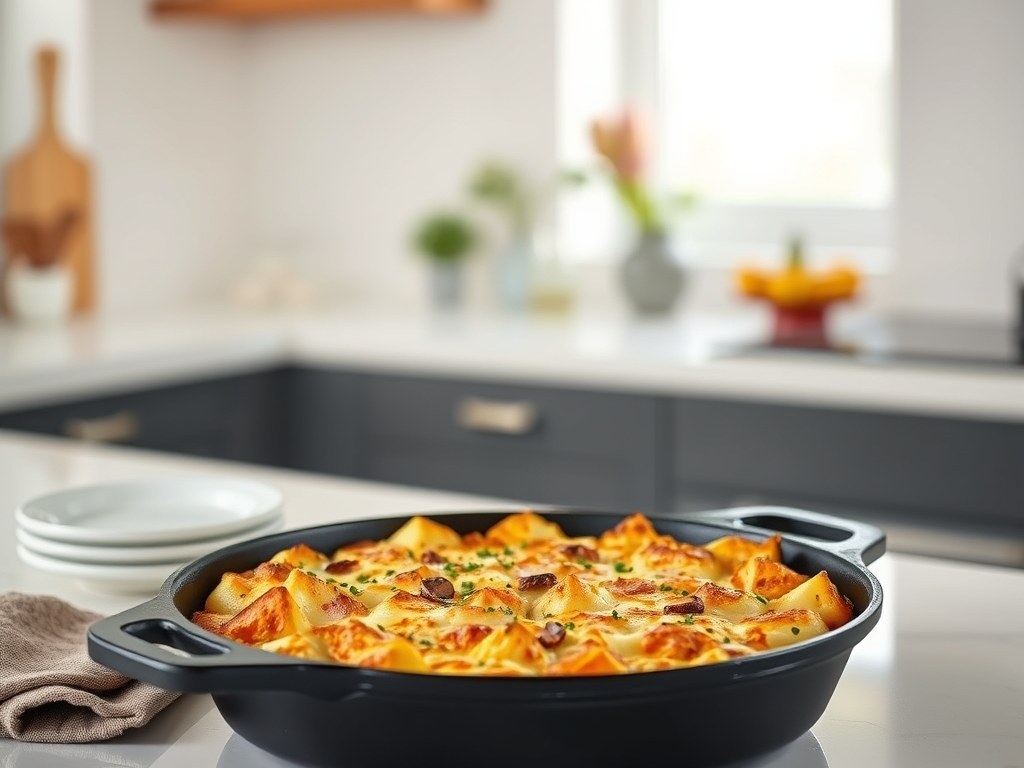 Lodge cast iron skillet with a baked casserole showing the heavy thermal mass and oven-to-table versatility