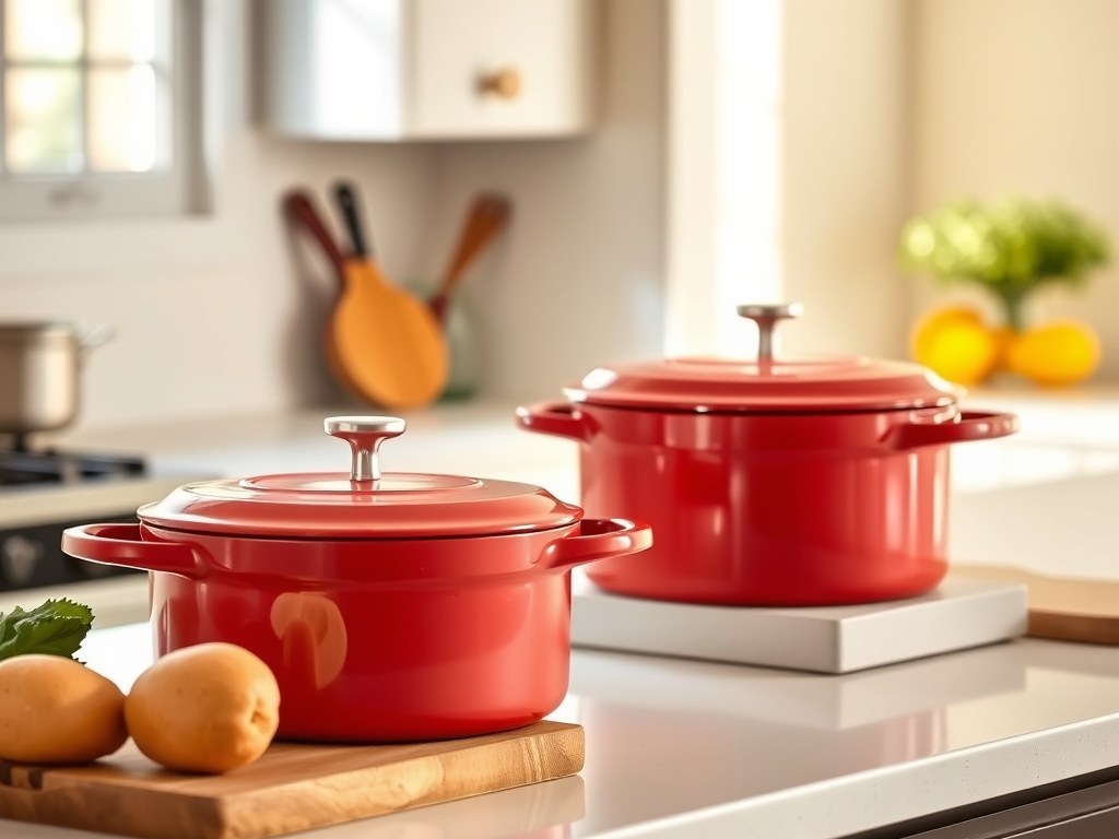 Lodge 6-Quart Enameled Dutch Oven next to Le Creuset Signature Dutch Oven on kitchen counter