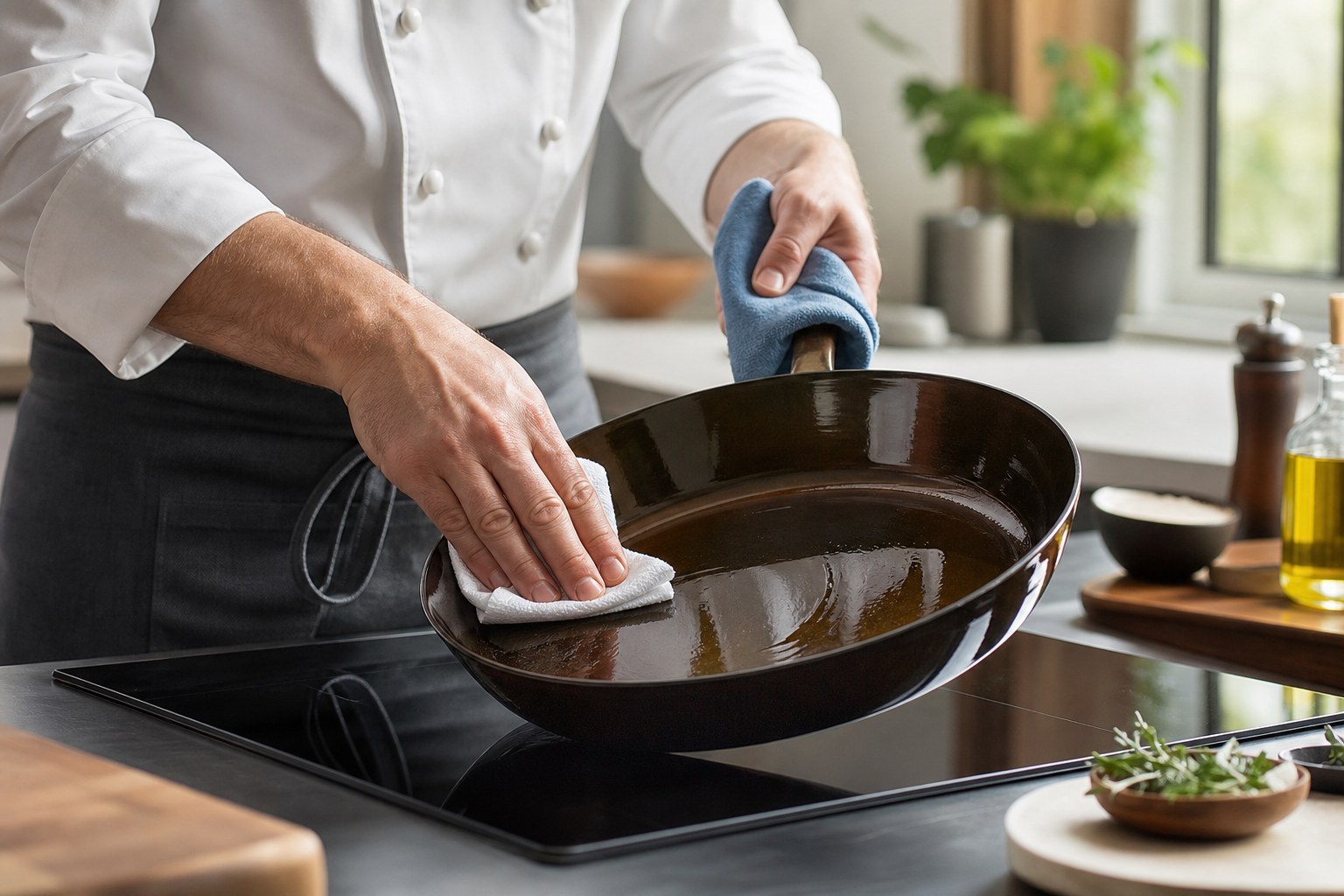 Chef holding a seasoned dark brown carbon steel pan with a blue cloth while oiling it on an induction cooktop