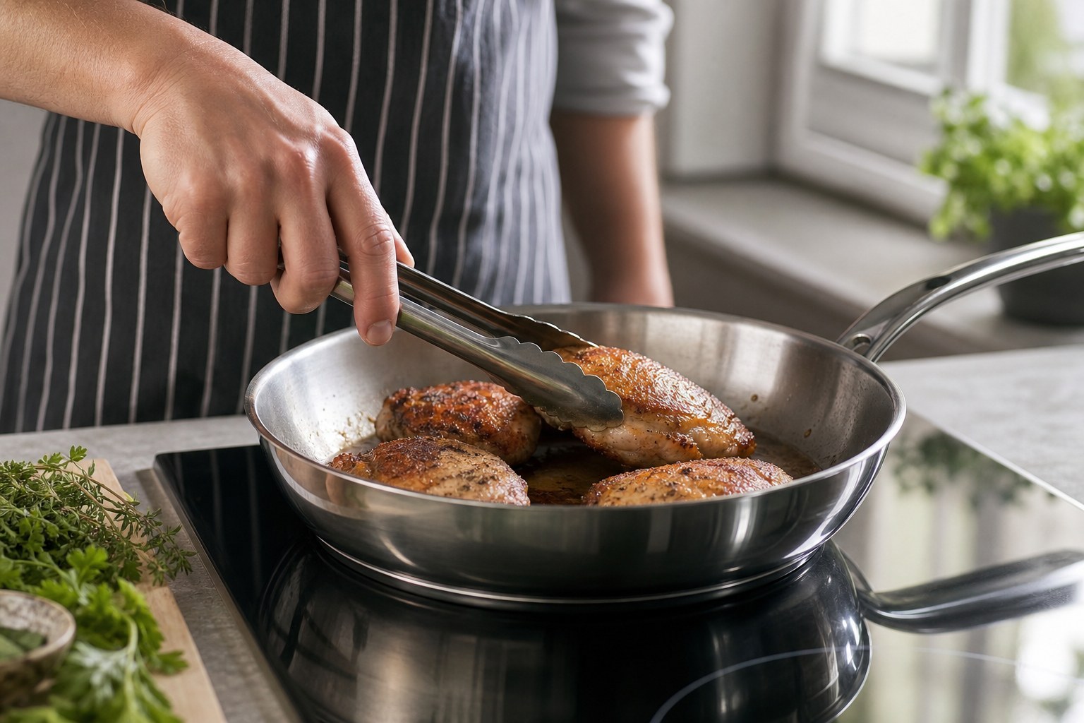 A cook in a striped apron turning golden brown chicken thighs with tongs in a stainless steel skillet