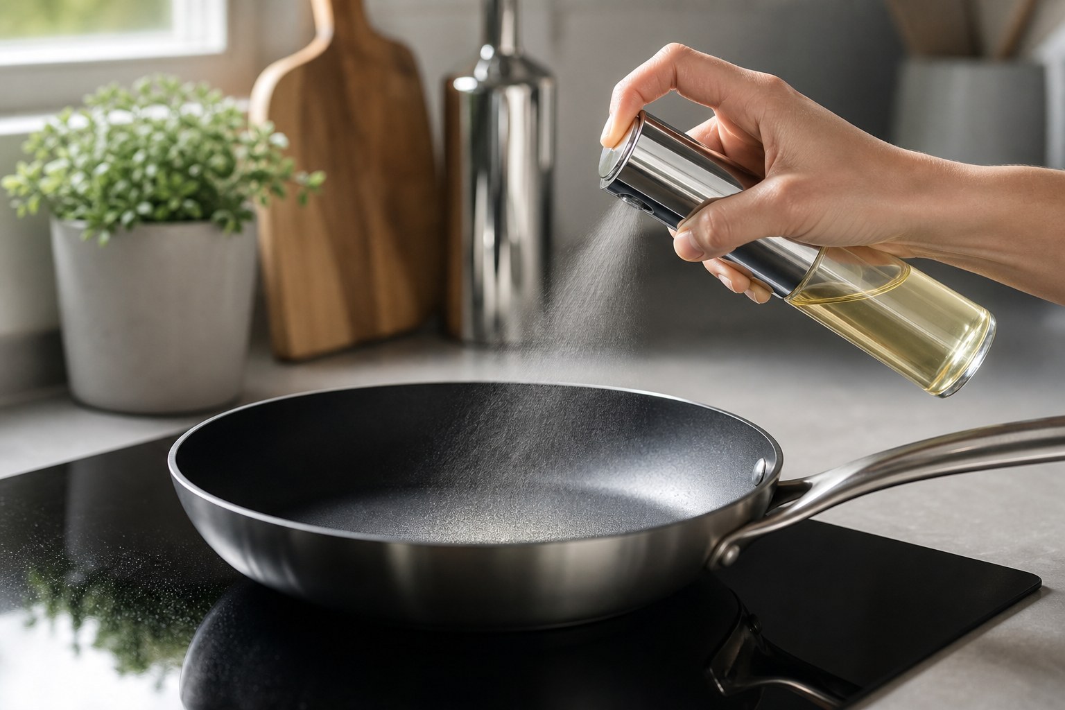 Pump oil mister spraying a fine mist of cooking oil onto a nonstick pan