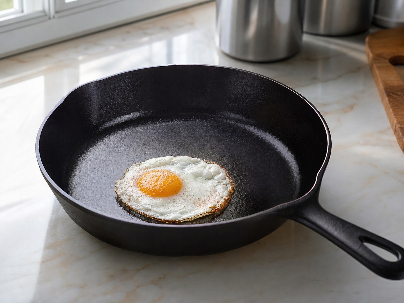Well-seasoned cast iron skillet with food releasing cleanly