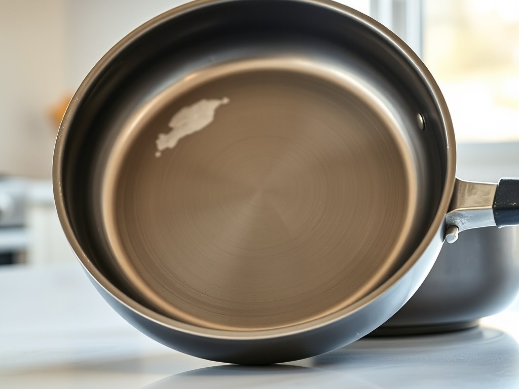 Close-up of a scratched nonstick pan showing bare aluminum patches where coating has worn away