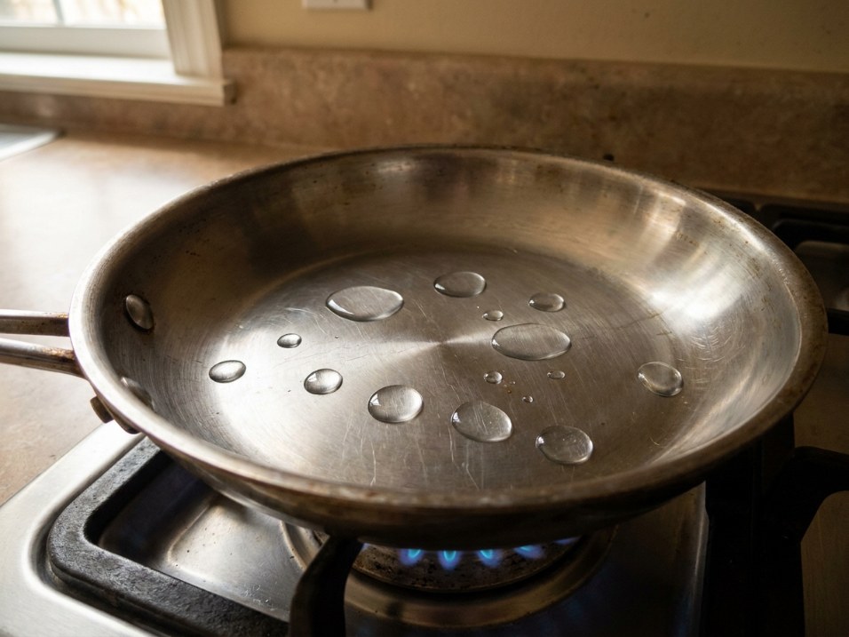 Water beading into distinct droplets on a preheated stainless steel pan over a gas burner, the sign the pan is ready for oil