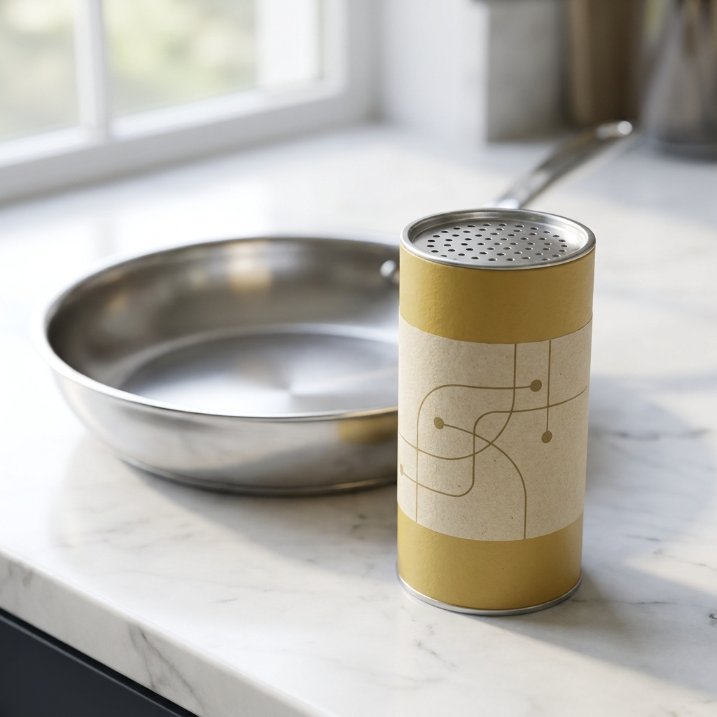 Bar Keepers Friend powder cleanser canister used for removing stainless steel pan discoloration