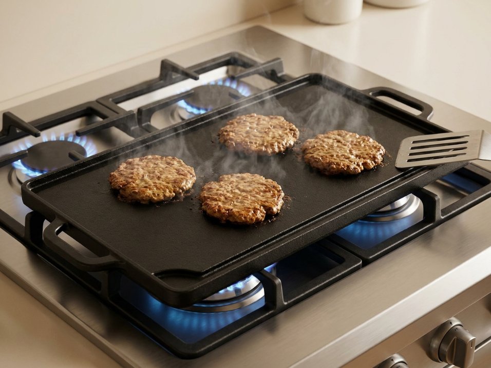 Four smash burgers sizzling on a cast iron griddle spanning two stovetop burners