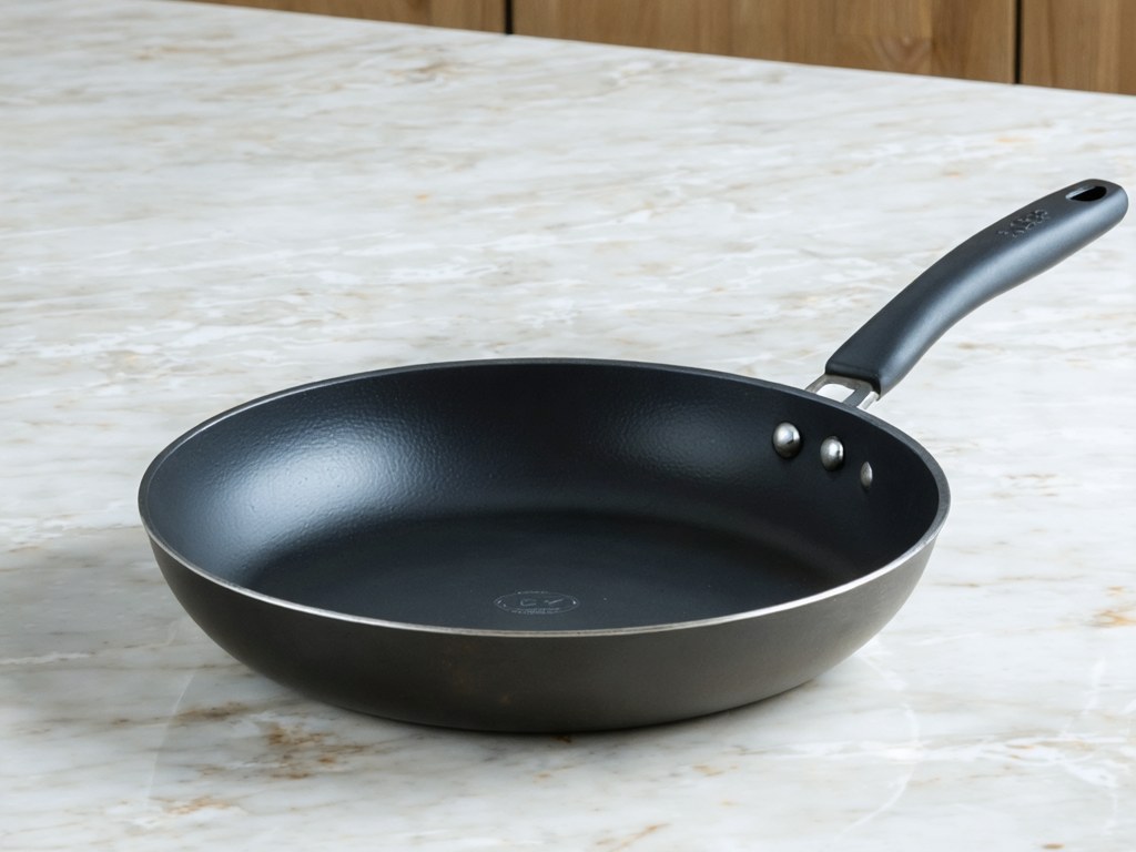 Pre-seasoned carbon steel frying pan with dark matte surface and riveted handle, suited for gas stove cooking