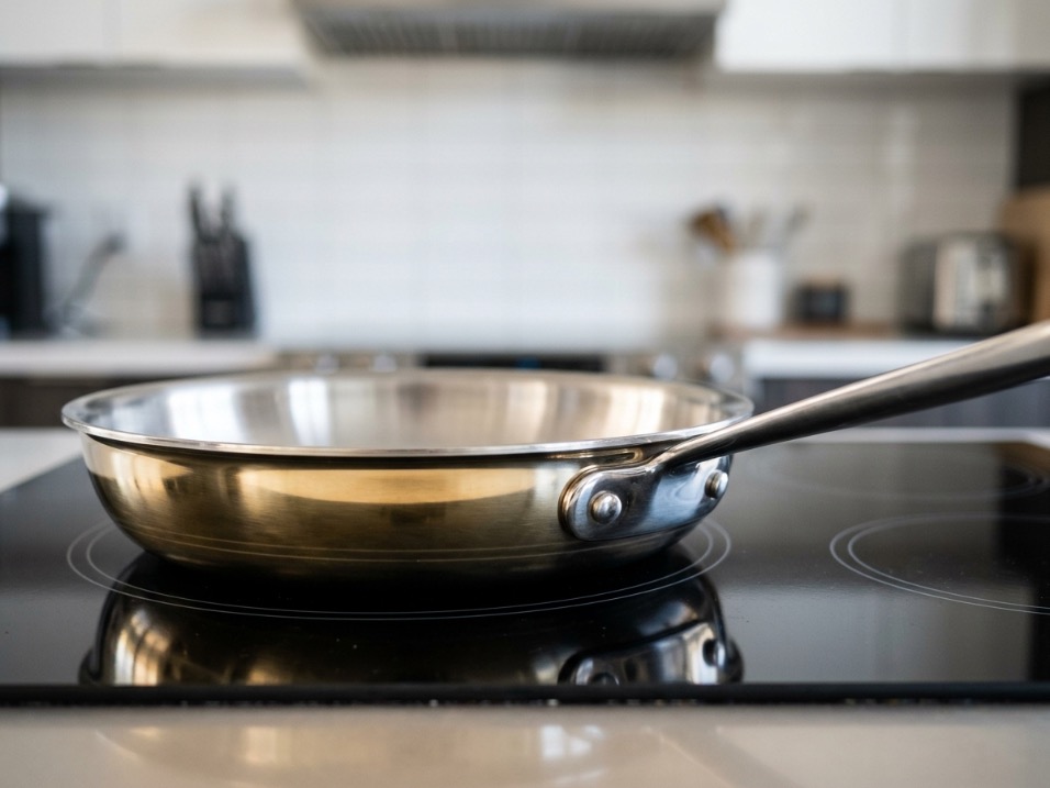 Tri-ply stainless steel skillet on a black glass cooktop showing uniform wall thickness from base to rim