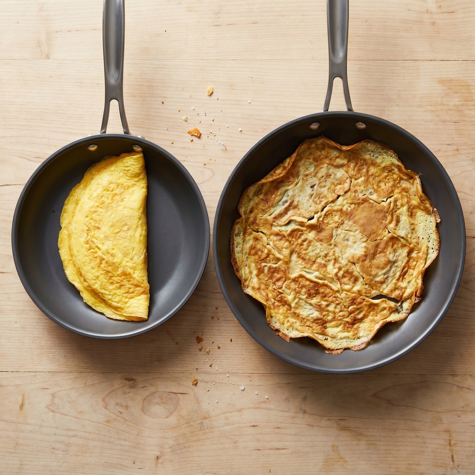 Omelette pan size comparison showing 8-inch with compact folded omelette next to 12-inch with thin overcooked egg