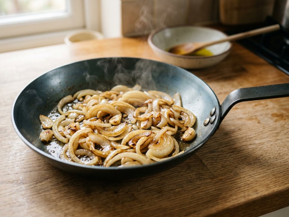 Sliced onions caramelizing in a carbon steel pan with steam rising on a wood countertop