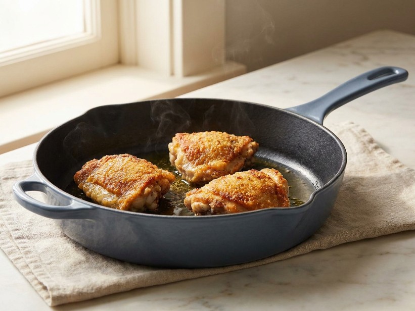 Cast iron chicken fryer with golden fried chicken thighs and crispy coating visible