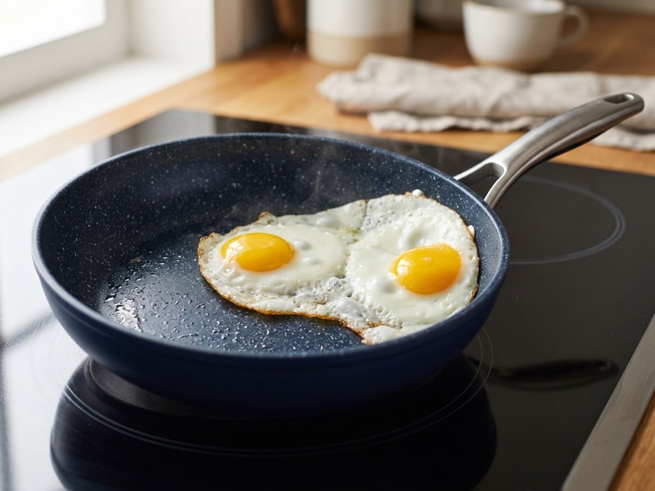 Two fried eggs with runny yolks cooking on a dark blue ceramic nonstick pan on an induction cooktop with gentle steam rising