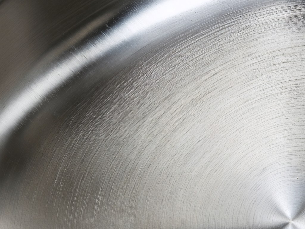Stainless steel pan interior with fine scratch lines from metal utensil use over several months