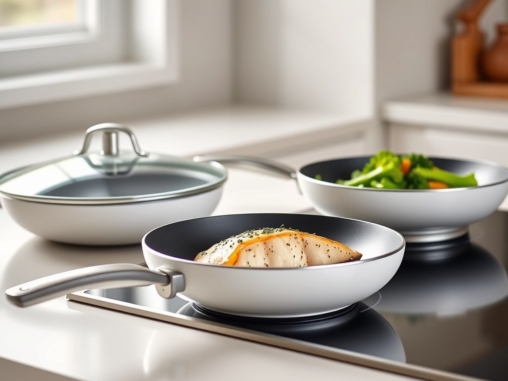 Caraway ceramic nonstick frying pans with glass lids on a cooktop with fish in one pan and broccolini in the other