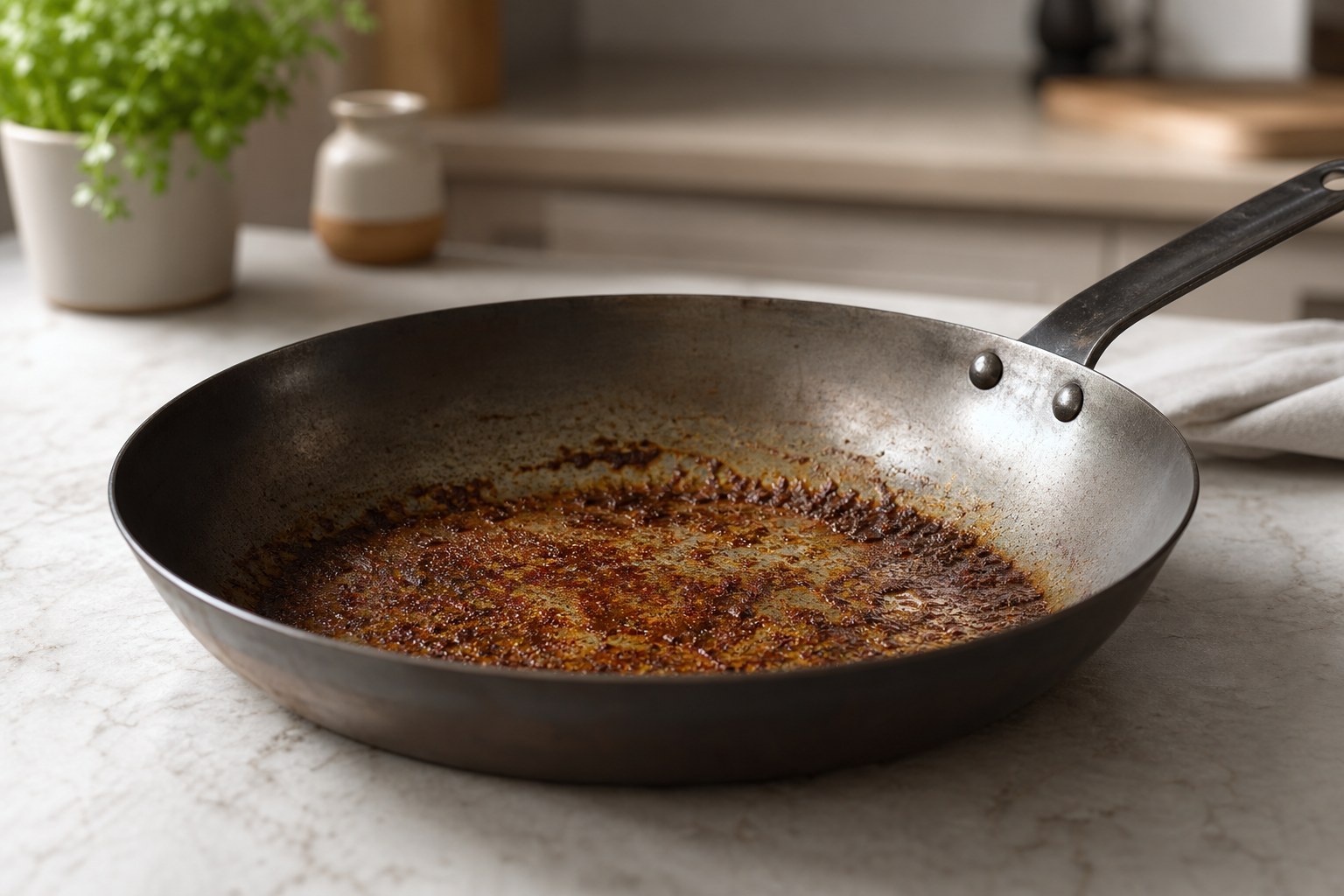 de Buyer carbon steel pan with fond ready for deglazing