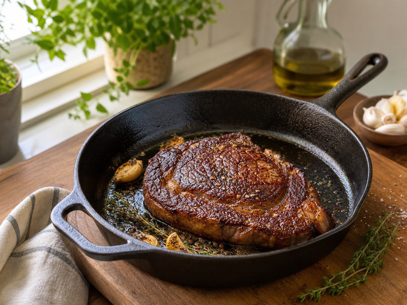 Cast iron skillet with a seared ribeye showing deep brown crust