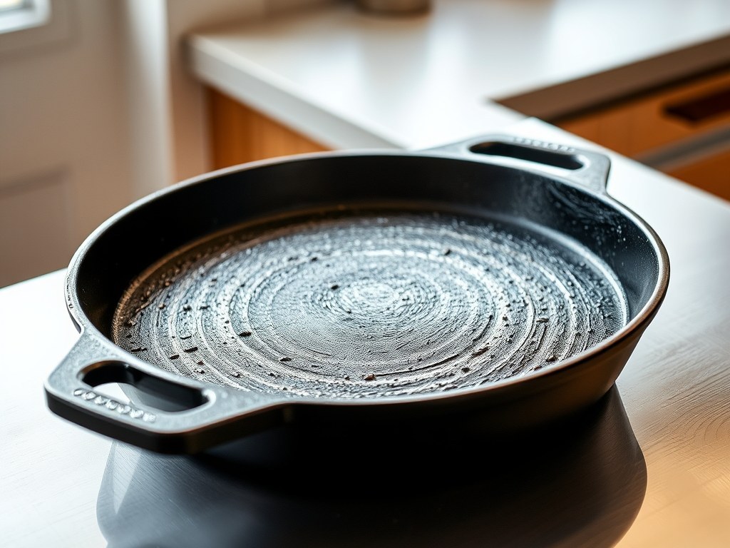 A preheated cast iron skillet with dark seasoned surface ready for searing