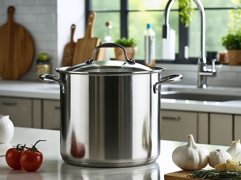 Tall stainless steel stockpot with two riveted side handles catching soft window light