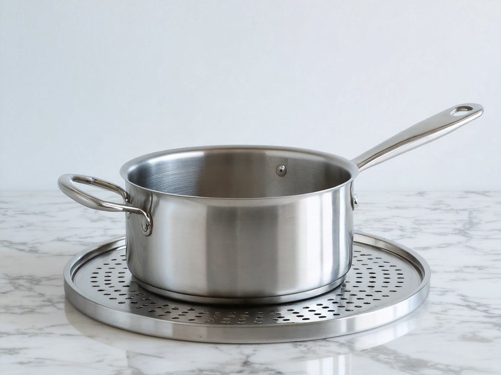 A stainless steel saucepan sitting on a perforated heat diffuser plate on a marble counter