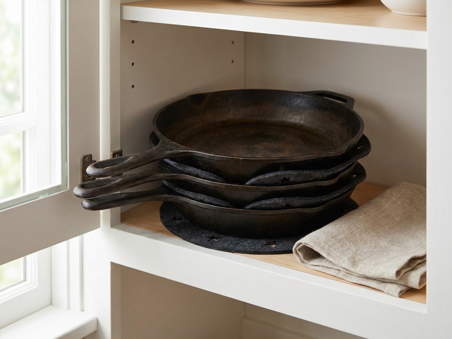 Felt pan protectors layered between cast iron skillets in a cabinet stack