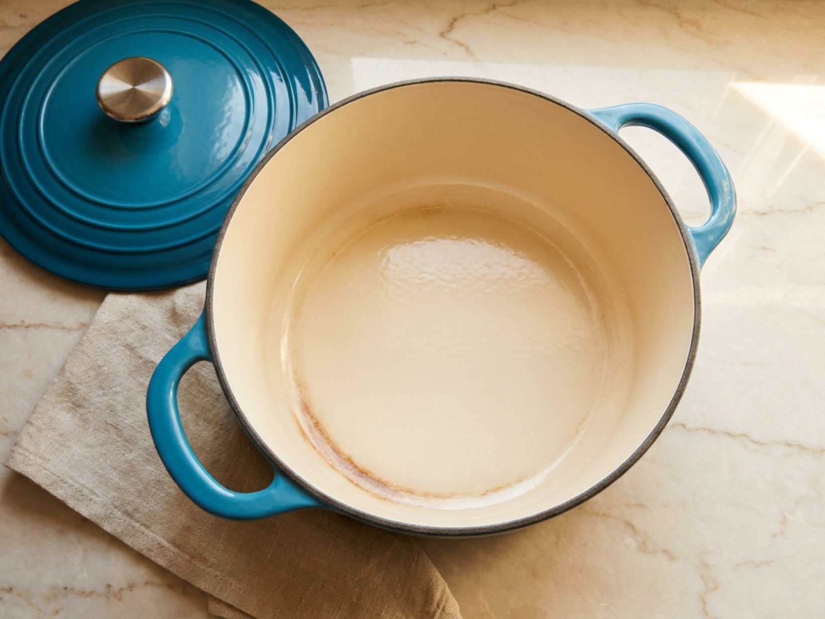 Close-up overhead view of an enameled dutch oven interior with light cream surface on a kitchen counter