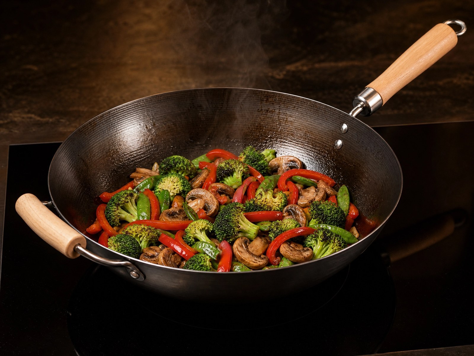 Flat bottom wok on electric stove glass top with broccoli, peppers, mushrooms, and snow peas
