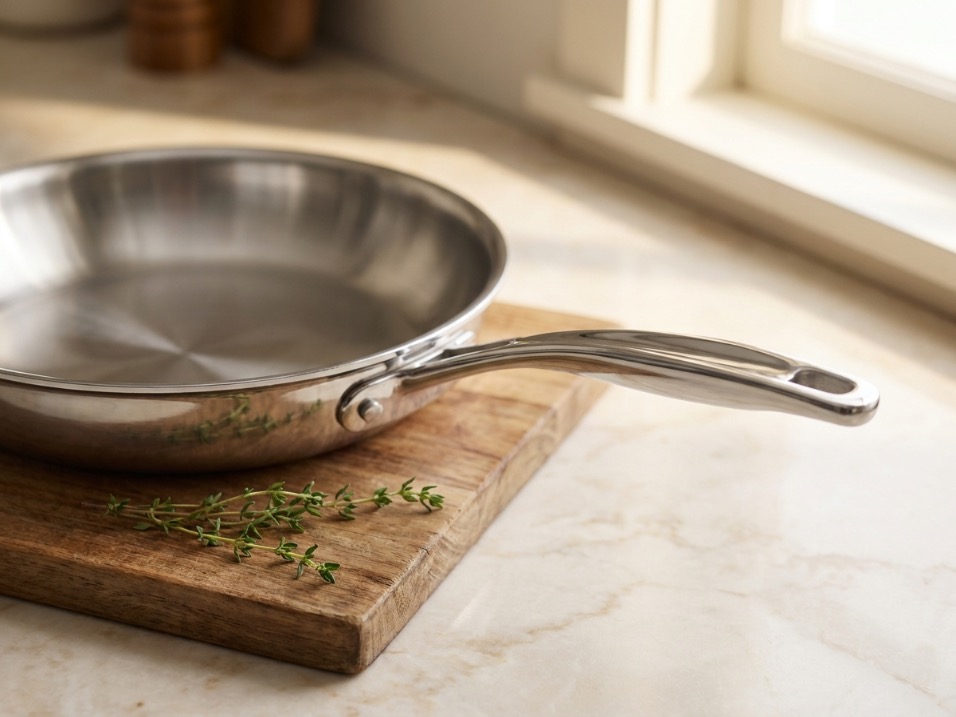 Side view of a stainless steel skillet showing the long contoured handle angled upward and the rolled pouring lip