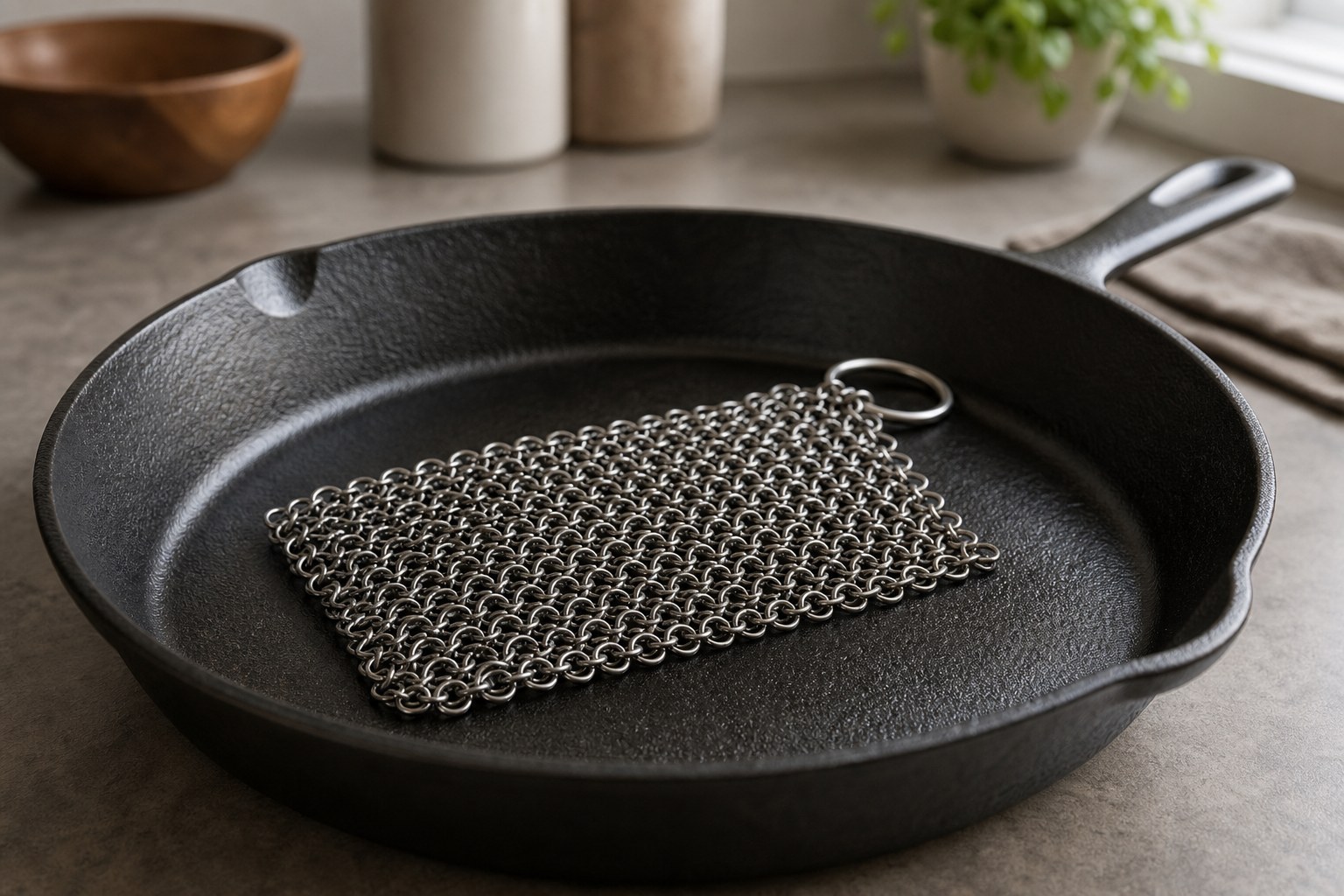 Lodge chainmail scrubber resting on a cast iron skillet surface