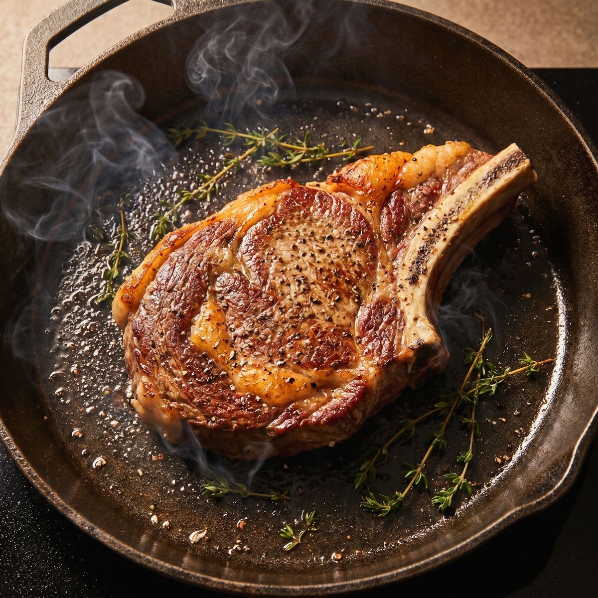 Bone-in ribeye with pepper and thyme developing a deep golden crust on a dark seasoned cast iron surface with smoke rising
