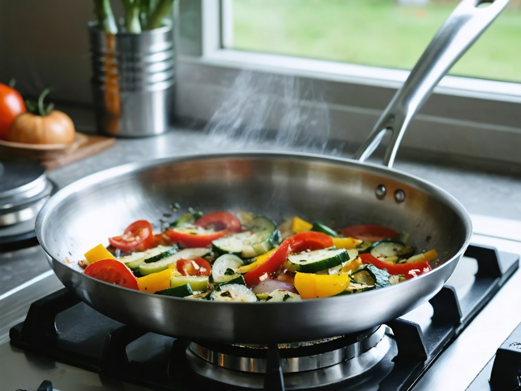 A stainless frying pan with shallow sloped sides browning vegetables on a stovetop