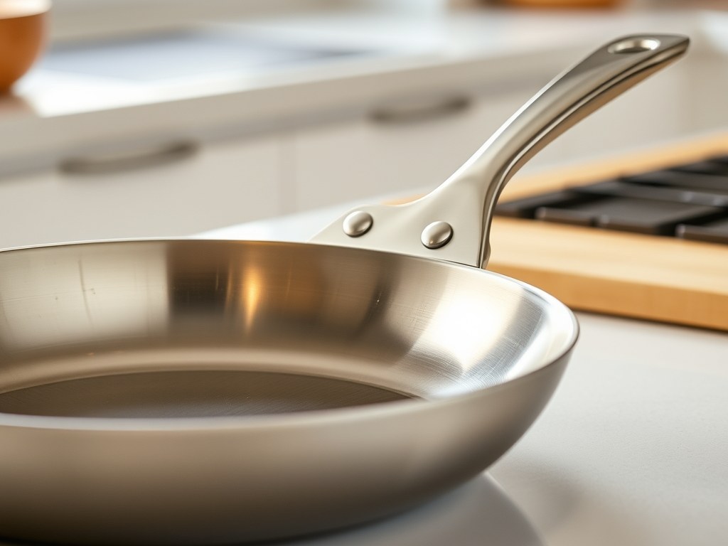 Amazon Basics tri-ply stainless steel fry pan showing the polished cooking surface and riveted handle