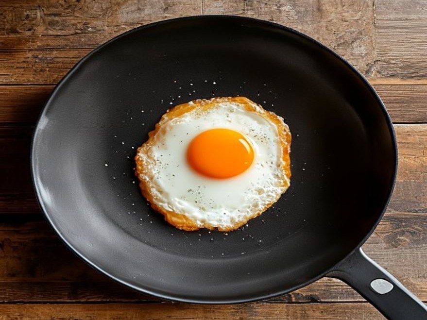 Fried egg in a nonstick frying pan viewed from above, not sticking to the surface