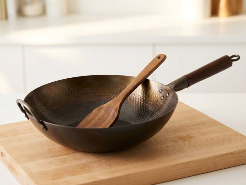 A 14-inch carbon steel wok showing tall sloped walls and hand-hammered texture