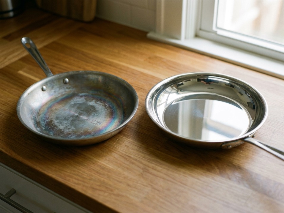 Two stainless steel pans side by side, one dull with rainbow heat-tint discoloration and one restored to a mirror shine