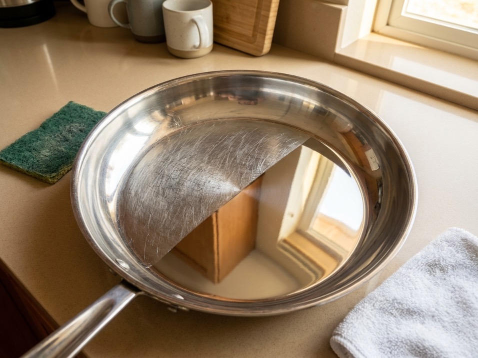 Stainless steel pan showing scratch marks from a scouring pad next to a clean section wiped with a soft cloth