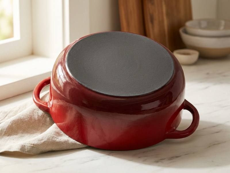 Flat smooth bottom of an enameled dutch oven showing the safe contact surface for glass cooktops
