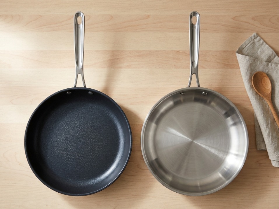 Split view of a ceramic-coated pan interior beside bare stainless steel showing coating versus uncoated metal
