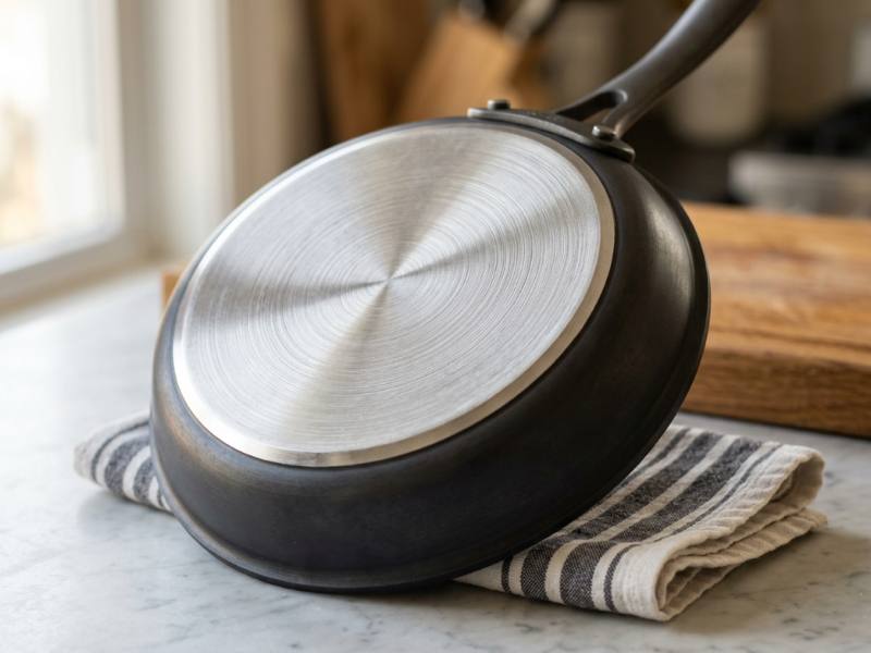 Bottom of a hard anodized nonstick pan with a bonded induction disc, a feature some lines skip