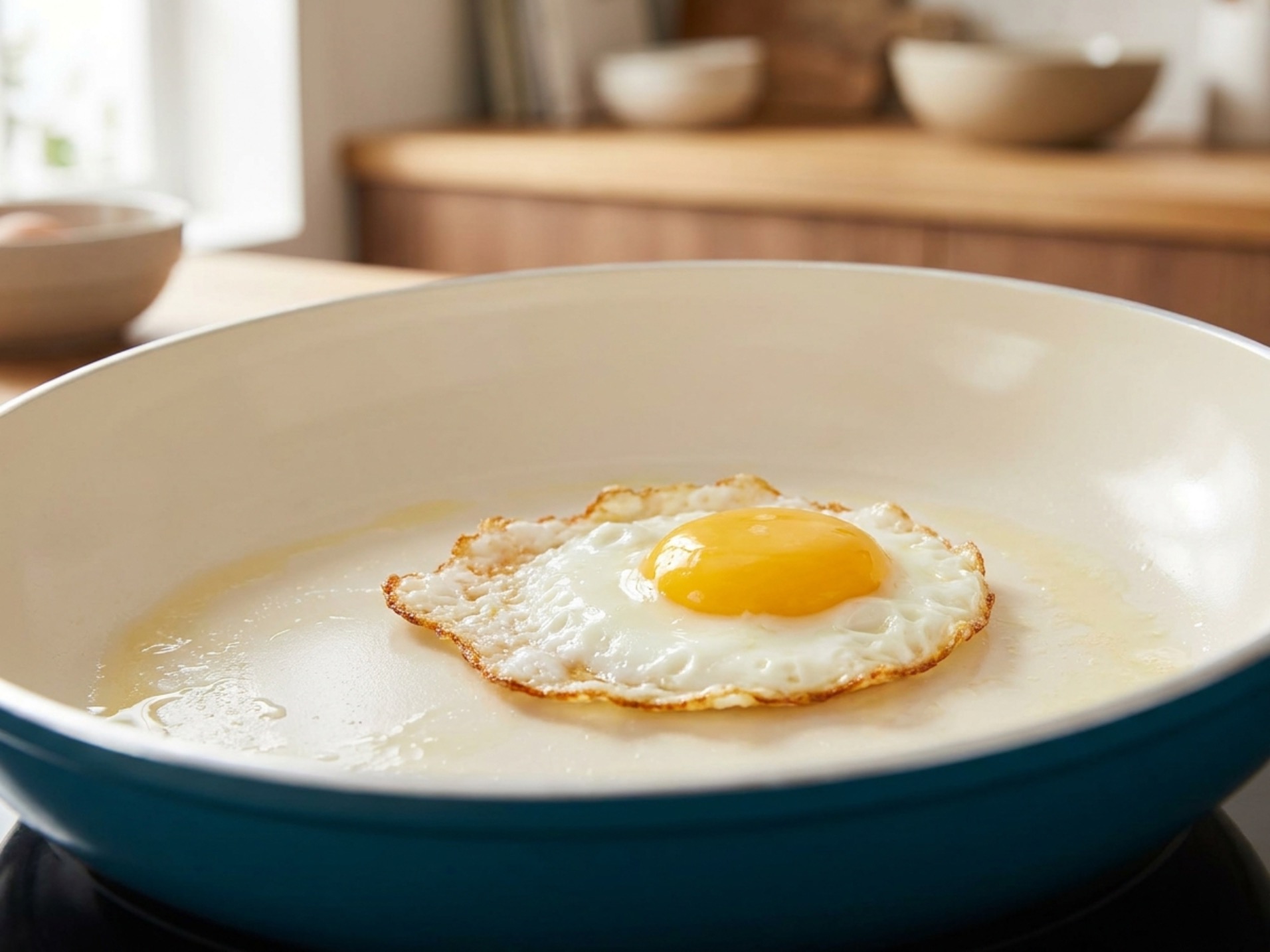 Fried egg sliding across a smooth ceramic nonstick pan surface with butter film visible
