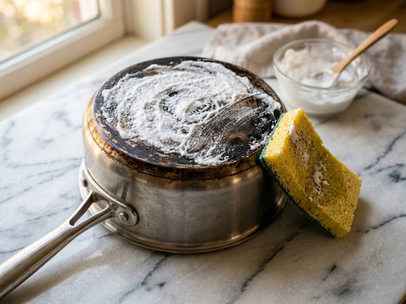 Baking soda paste applied to the bottom of a stainless steel saucepan with buildup visible around the edges