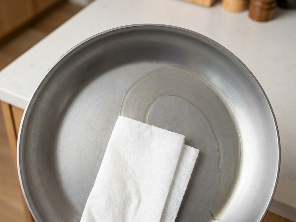 Overhead view of a bare carbon steel pan with a folded paper towel wiping a thin oil layer to a dry finish
