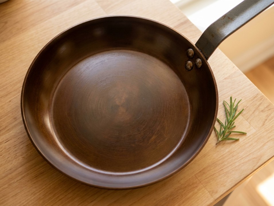 Overhead view of a fully seasoned carbon steel pan with an even deep bronze patina